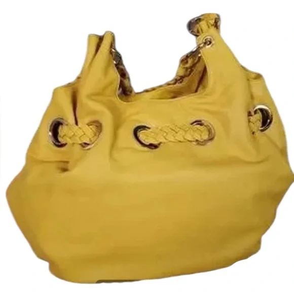 Michael Kors Astor Large Grommet Tassel Leather Hobo Shoulder Bag Yellow NWOT - Picture 2 of 12